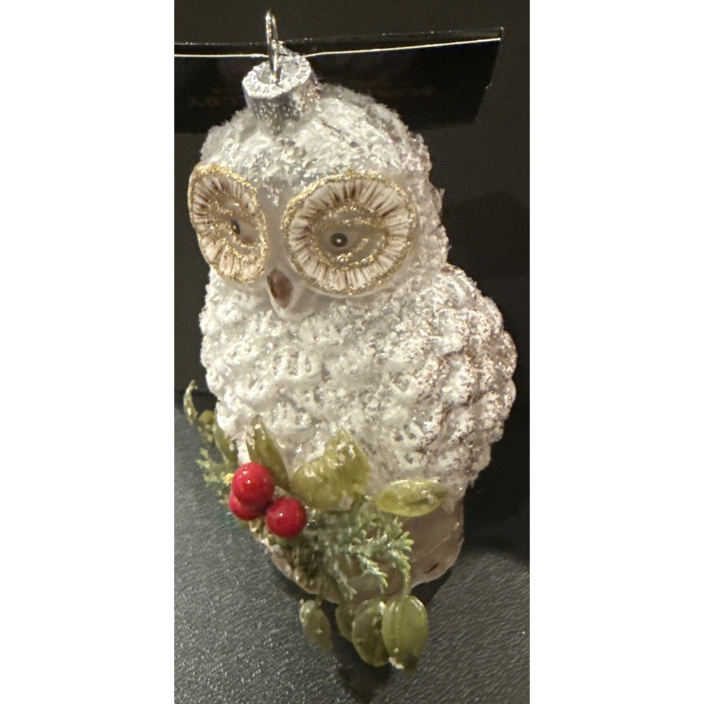 Robert Stanley White Gold Owl Bird Glass Christmas Holiday Tree Ornament NEW
